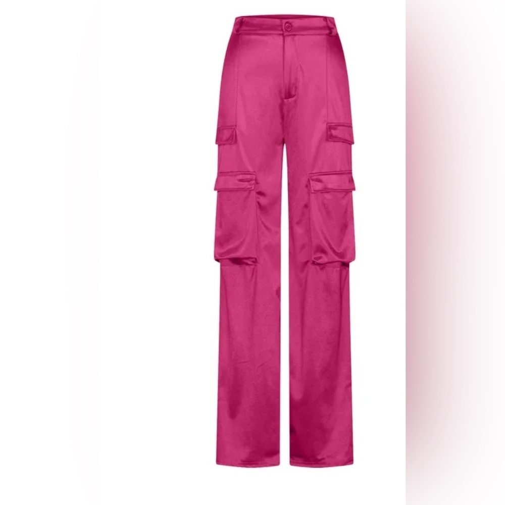 NWOT Satin Cargo Wide Leg Casual Pants Multi Pockets Straight Trousers
